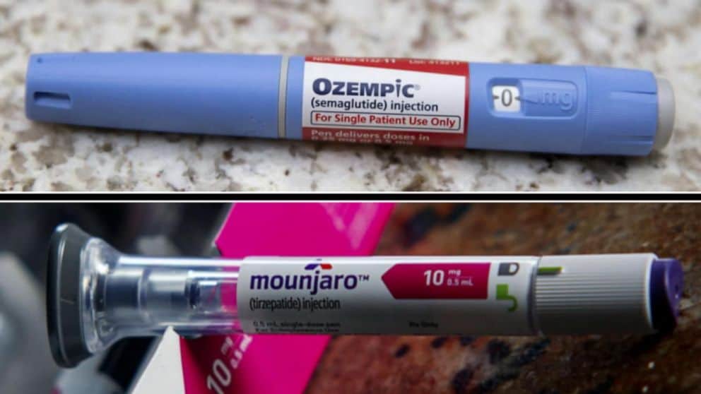 Comparison between Mounjaro and Ozempic using two drug and syringe illustrations.