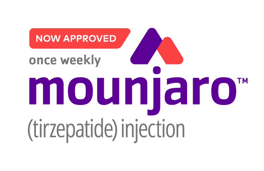 A logo with the words mounjaro tirzapatide injection now approved.