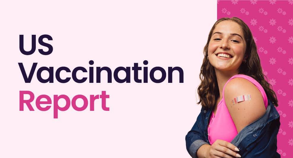 The updated vaccination report is displayed on a pink background.