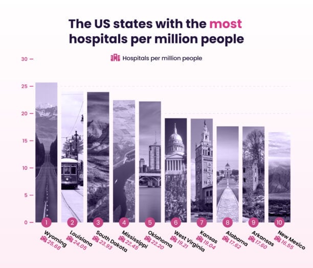 Graphical representation of US states ranked by the number of hospitals per million people on the US Accessibility Index.