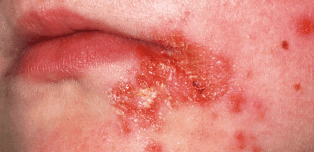 Close-up of a person's lower face showing a red, irritated rash with some crusty patches indicative of impetigo on the skin around the lips.